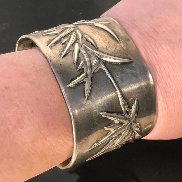 Rare Chinese Sterling Silver Cuff Bracelet Wing Hang Antique Chinese Bamboo 925 - Picture 7 of 9